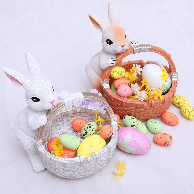 Orange Easter Rabbit Resin Decor with Basket – Festive Home Ornament for Spring and Holiday Display - Image 2