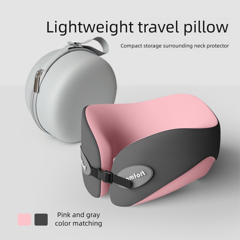 Pink and gray Memory Foam U-Shaped Travel Neck Pillow – Ergonomic Support for Airplane, Car, and Office Use - Image 1