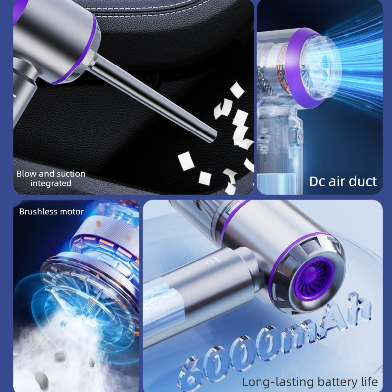 Silvery-purple Wireless Handheld Vacuum Cleaner with Blow, Suck, Inflate, and Pump Functions – Brushless Motor, Type-C Charging, 6000mAh Battery - Image 2