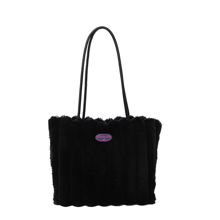 Black Faux Fur Tote Bag with Large Capacity, Soft Plush Material & Adjustable Handle – Stylish Shoulder Handbag for Women, Perfect for Daily Commute and Casual Wear - Image 1