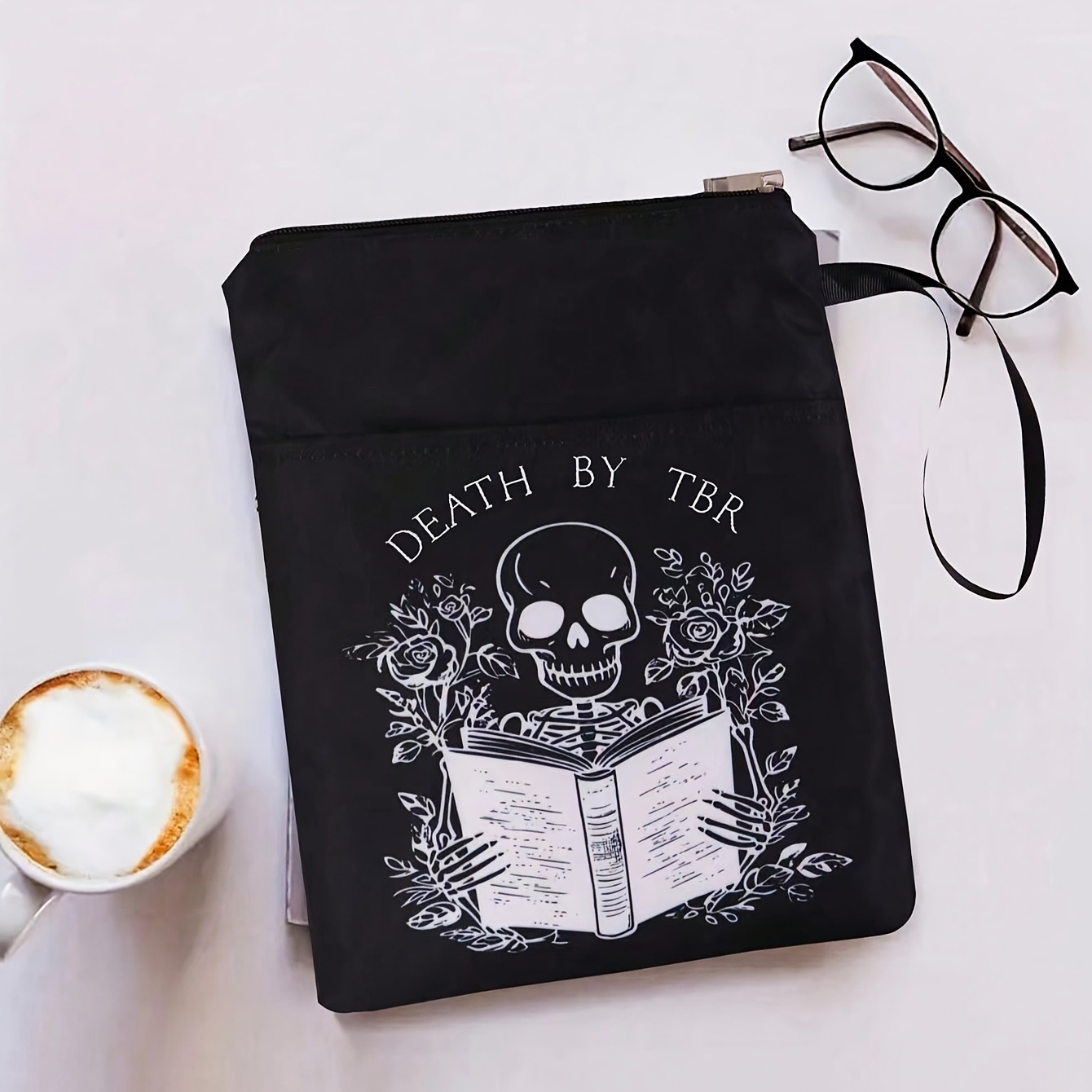 Black skull Zippered Book Sleeve with Printed Design – Waterproof Protective Cover for Books, Ideal for Readers and Students with Extra Pocket & Carry Strap - Image 1