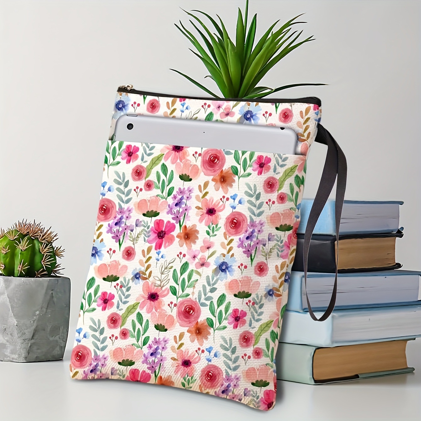 Pink flowers Zippered Book Sleeve with Printed Design – Waterproof Protective Cover for Books, Ideal for Readers and Students with Extra Pocket & Carry Strap - Image 1