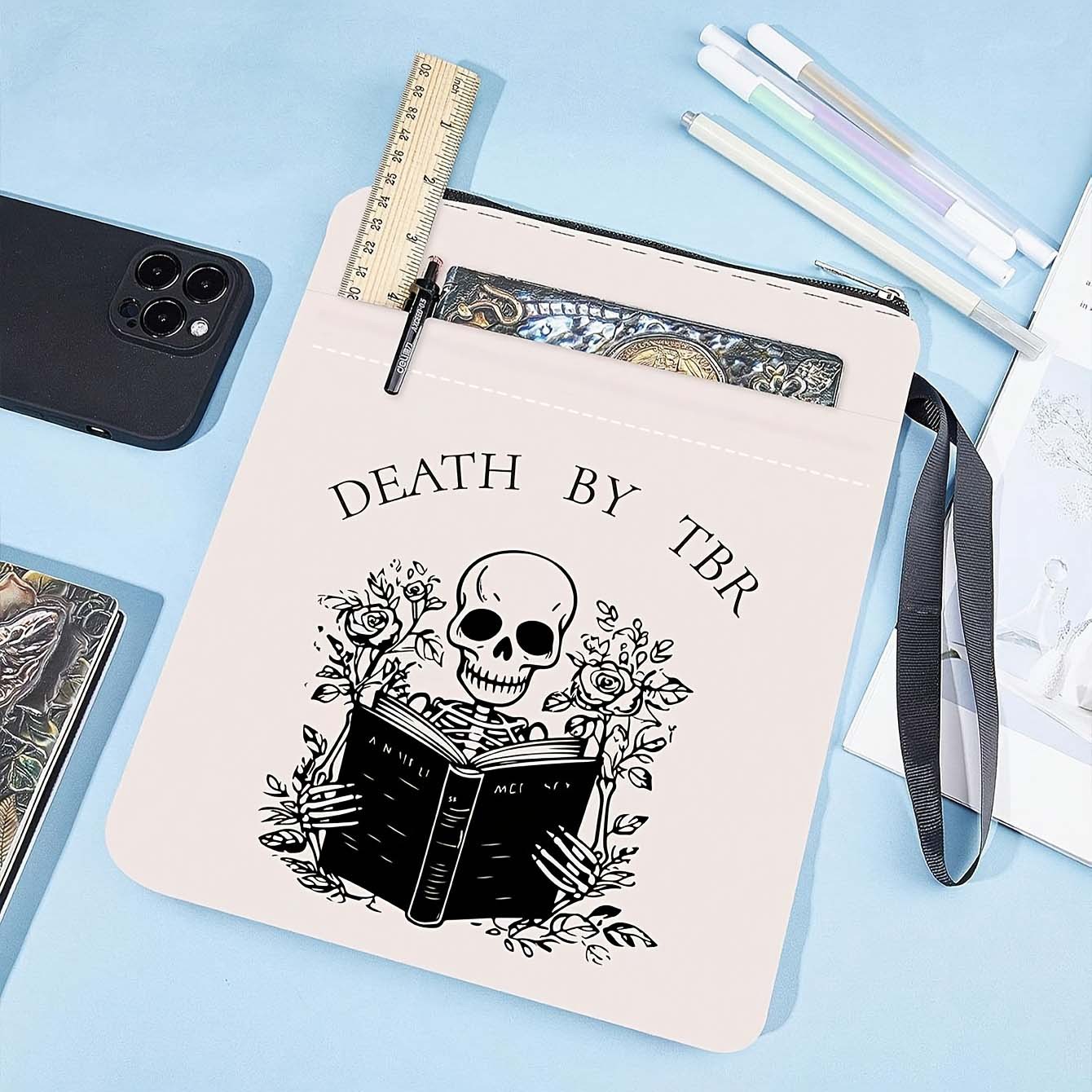 White Skeleton Zippered Book Sleeve with Printed Design – Waterproof Protective Cover for Books, Ideal for Readers and Students with Extra Pocket & Carry Strap - Image 1