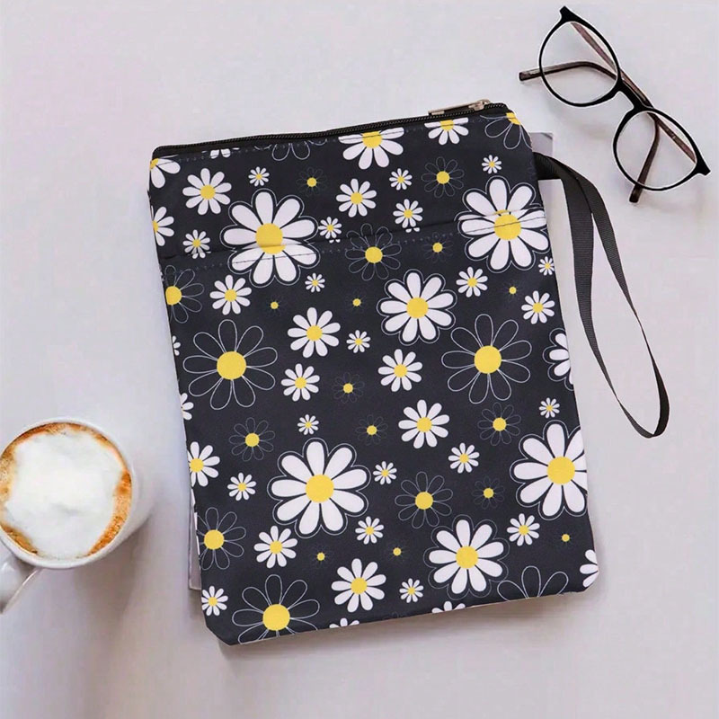 Daisy Zippered Book Sleeve with Printed Design – Waterproof Protective Cover for Books, Ideal for Readers and Students with Extra Pocket & Carry Strap - Image 1