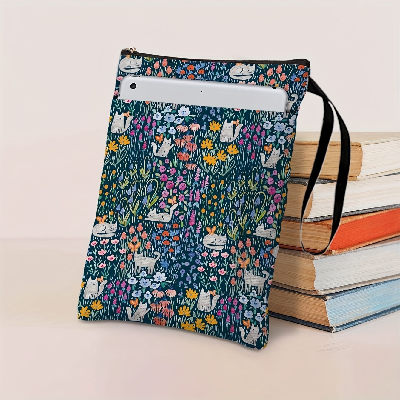 Cat Flowers Zippered Book Sleeve with Printed Design – Waterproof Protective Cover for Books, Ideal for Readers and Students with Extra Pocket & Carry Strap - Image 1
