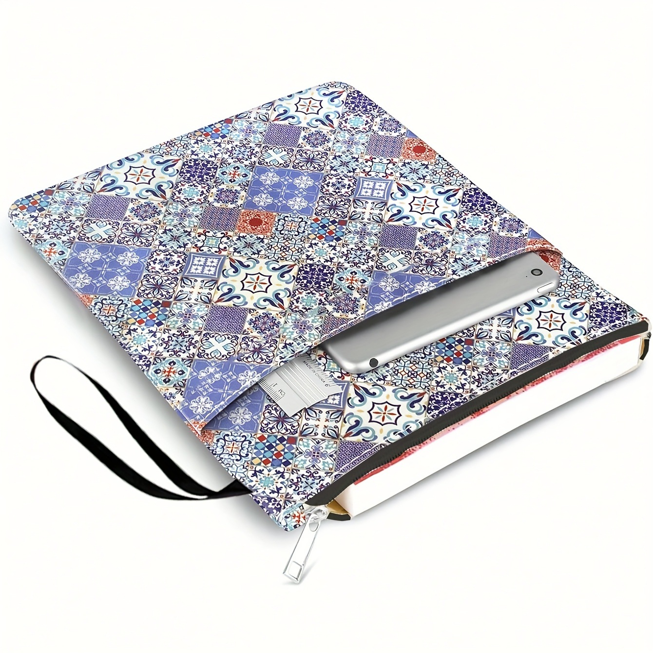 Bohemian check Zippered Book Sleeve with Printed Design – Waterproof Protective Cover for Books, Ideal for Readers and Students with Extra Pocket & Carry Strap - Image 1
