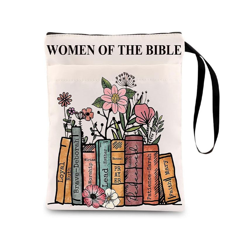 WOMEN OF THEBIBLE Zippered Book Sleeve with Printed Design – Waterproof Protective Cover for Books, Ideal for Readers and Students with Extra Pocket & Carry Strap - Image 1