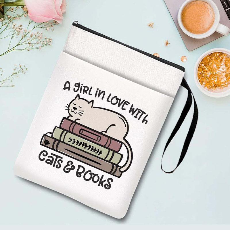 Cats books Zippered Book Sleeve with Printed Design – Waterproof Protective Cover for Books, Ideal for Readers and Students with Extra Pocket & Carry Strap - Image 1