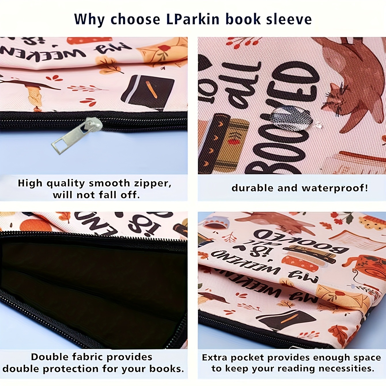 Cats books Zippered Book Sleeve with Printed Design – Waterproof Protective Cover for Books, Ideal for Readers and Students with Extra Pocket & Carry Strap - Image 2