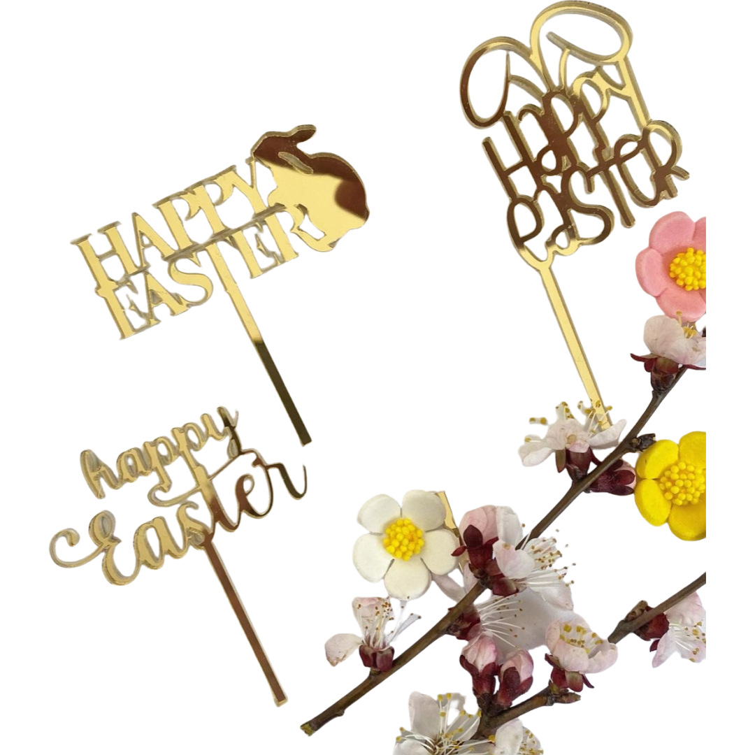 10-Piece Set of Elegant Easter Cake Toppers – Gold Acrylic 