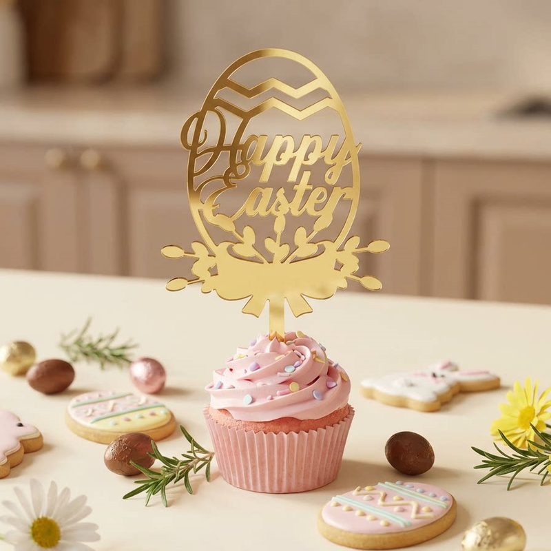 10-Piece Set of Elegant Easter Cake Toppers – Gold Acrylic 