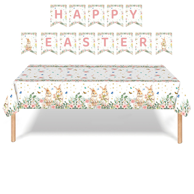 Easter Party Decoration Set – Floral Bunny Tablecloth 137x274cm + Happy Easter Banner, Spring-Themed Decor for Festive Gatherings - Image 1