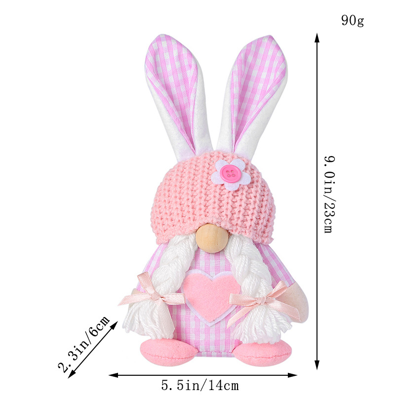 Pink Easter Plush Bunny Gnome Figurine – Decorative Doll with Long Hair and Checkered Ears for Home Display - Image 1