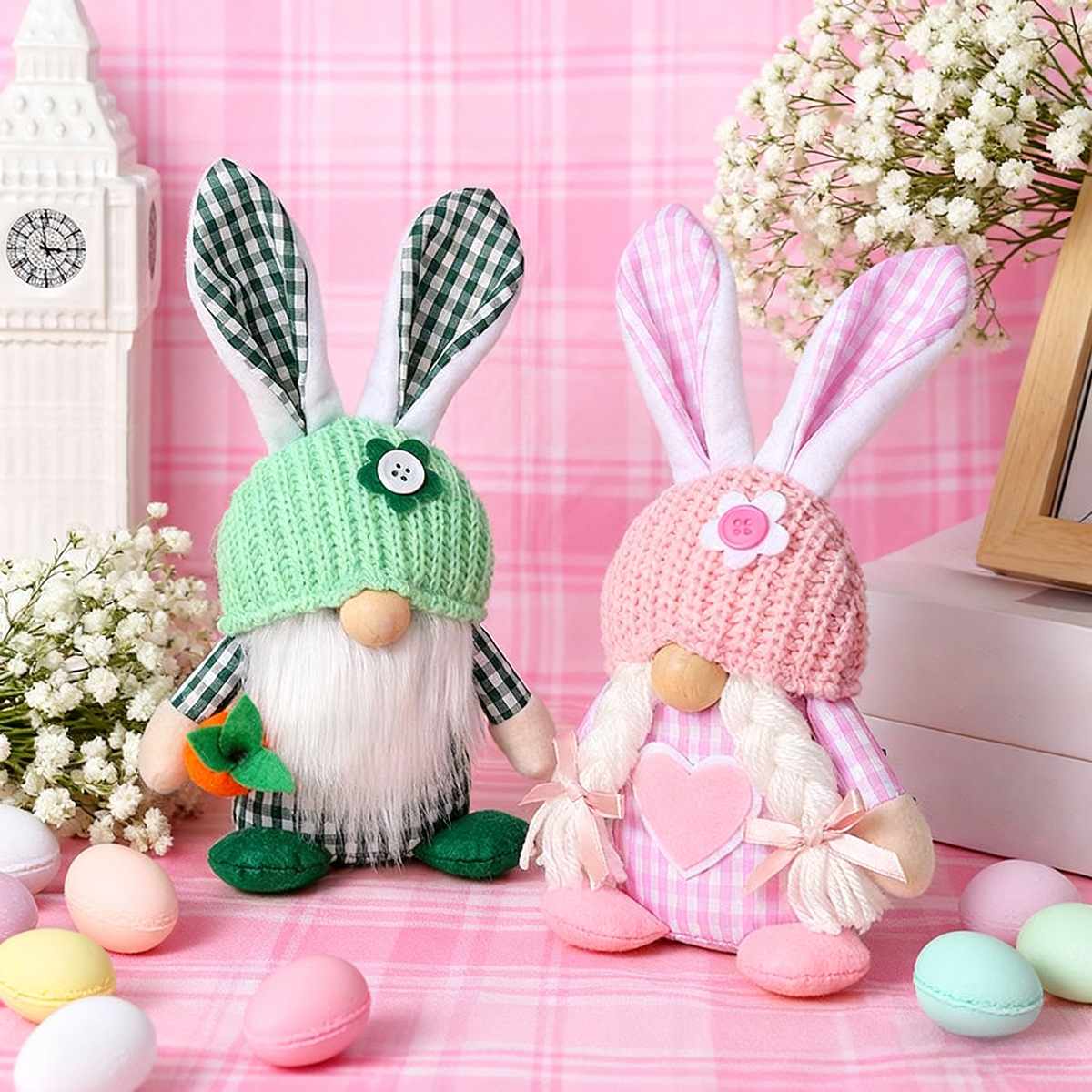 Pink Easter Plush Bunny Gnome Figurine – Decorative Doll with Long Hair and Checkered Ears for Home Display - Image 3