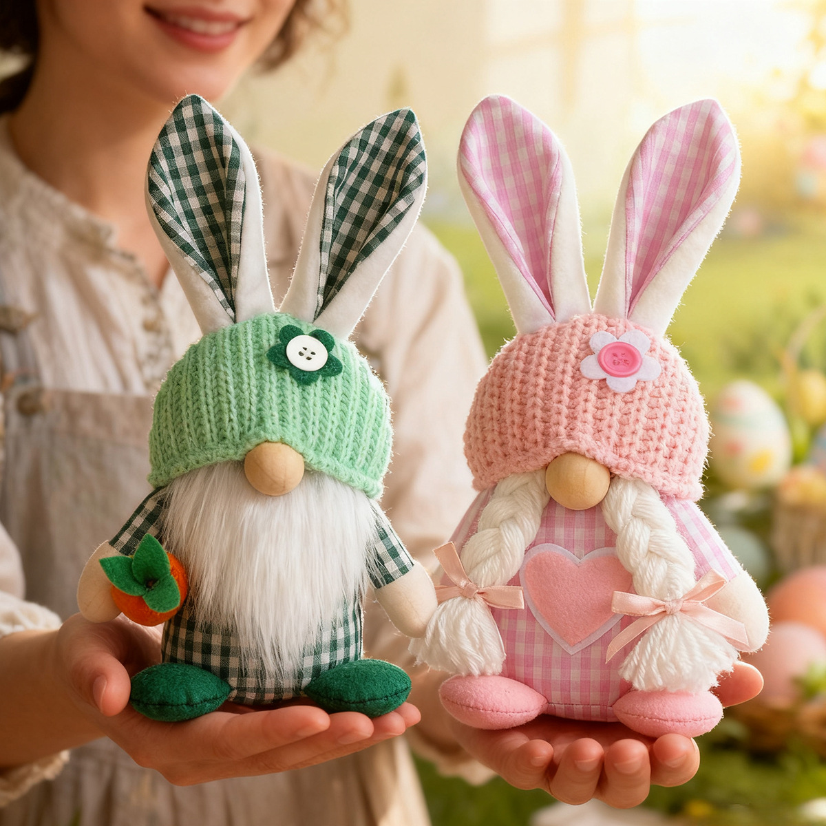 Pink Easter Plush Bunny Gnome Figurine – Decorative Doll with Long Hair and Checkered Ears for Home Display - Image 4