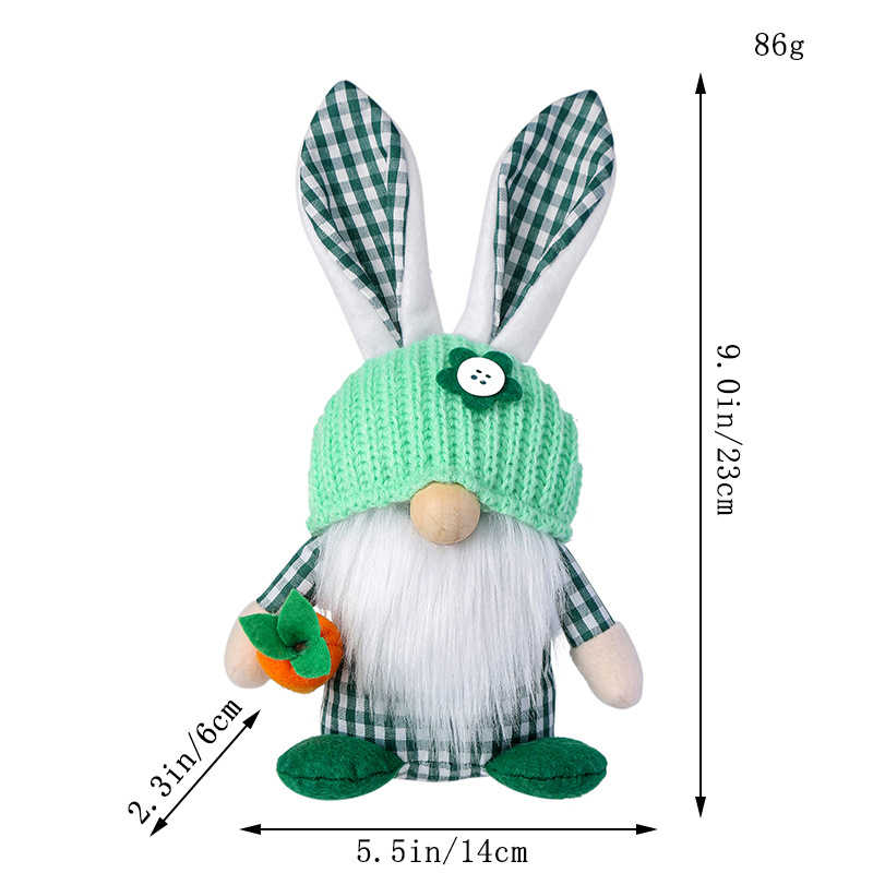 Green Easter Plush Bunny Gnome Figurine – Decorative Doll with Long Hair and Checkered Ears for Home Display - Image 1