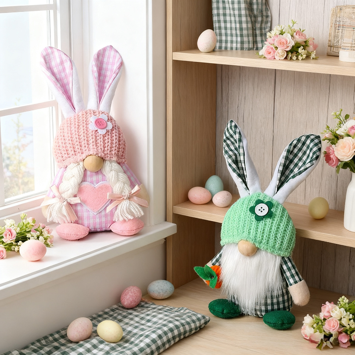 Green Easter Plush Bunny Gnome Figurine – Decorative Doll with Long Hair and Checkered Ears for Home Display - Image 2