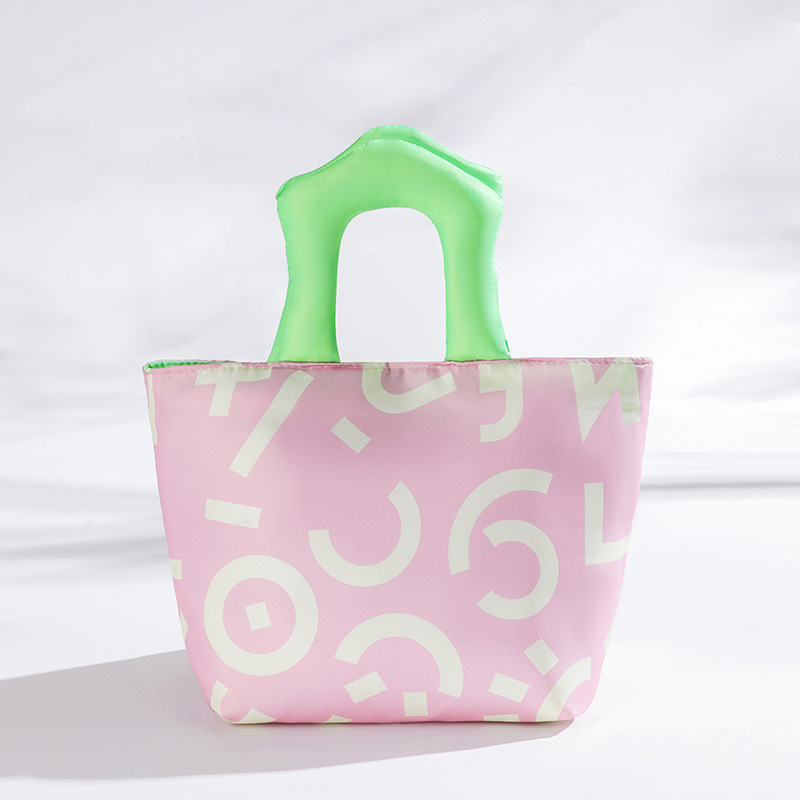 Pink Insulated Lunch Bag – Multi-Color Printed Tote with Padded Handle for Students & Office Workers - Image 1