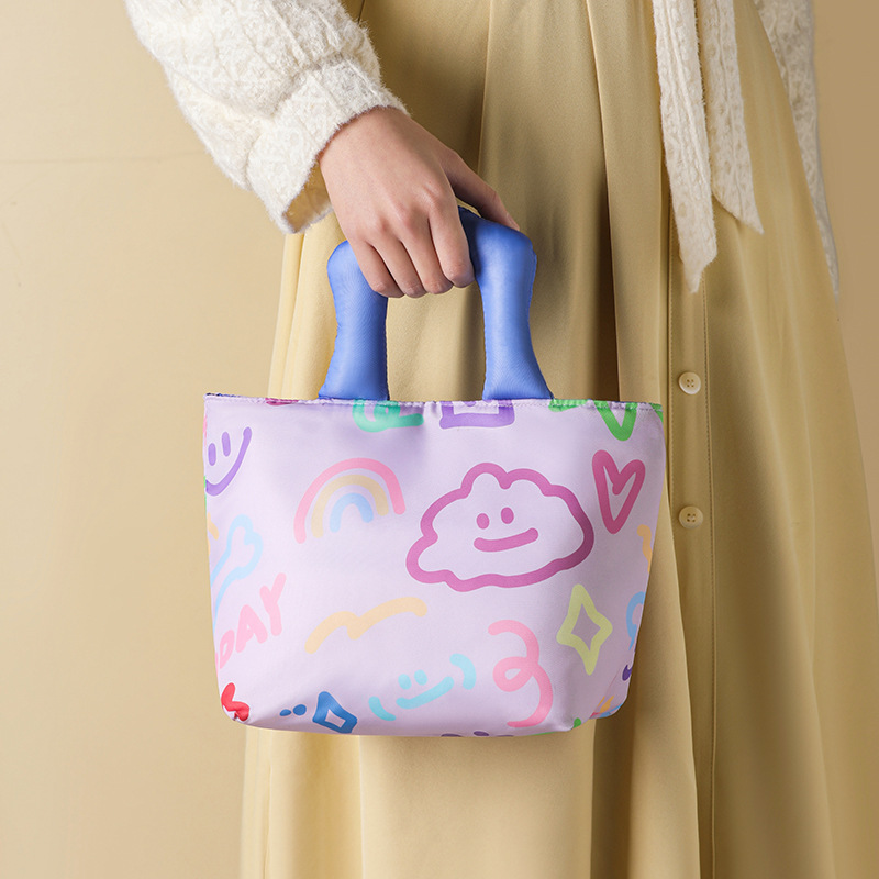Purple Insulated Lunch Bag – Multi-Color Printed Tote with Padded Handle for Students & Office Workers - Image 2