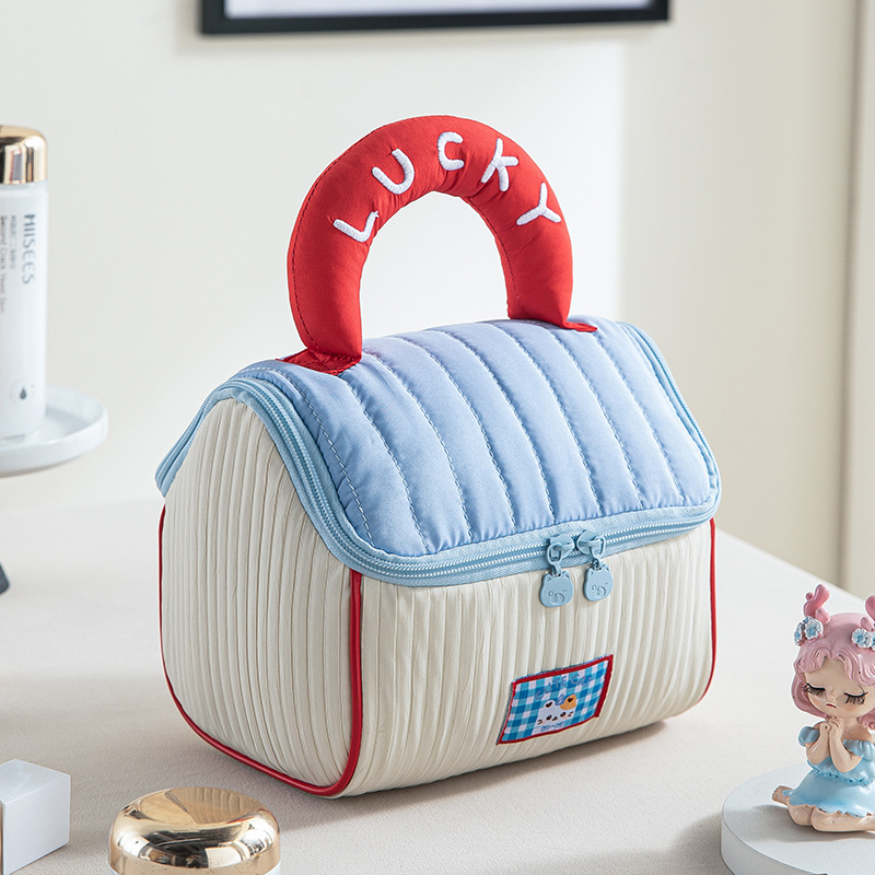 Red and blue Large Capacity Cosmetic Bag – Quilted Design with Dual-Zipper and Soft Handle for Travel & Daily Use - Image 1