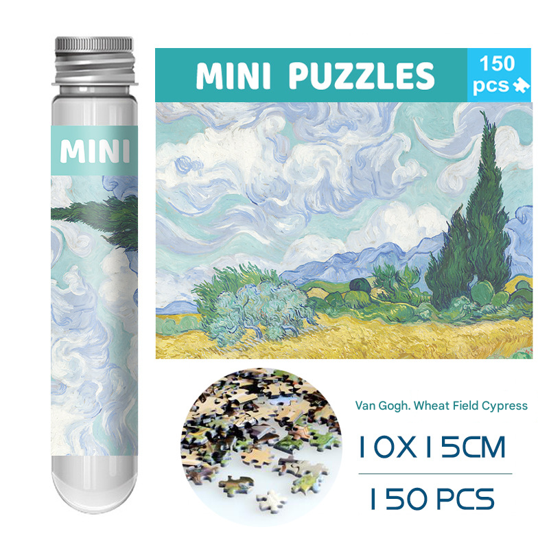 2 PCS 150-Piece Mini Puzzle in Reusable Tube – Compact Jigsaw for Home or Travel, Frame Not Included(136-Wheat Fields and Cypress Trees) - Image 1