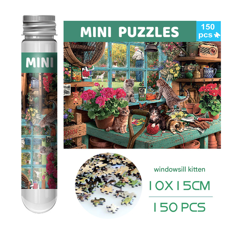2 PCS 150-Piece Mini Puzzle in Reusable Tube – Compact Jigsaw for Home or Travel, Frame Not Included(104-The Cat on the Windowsill) - Image 1