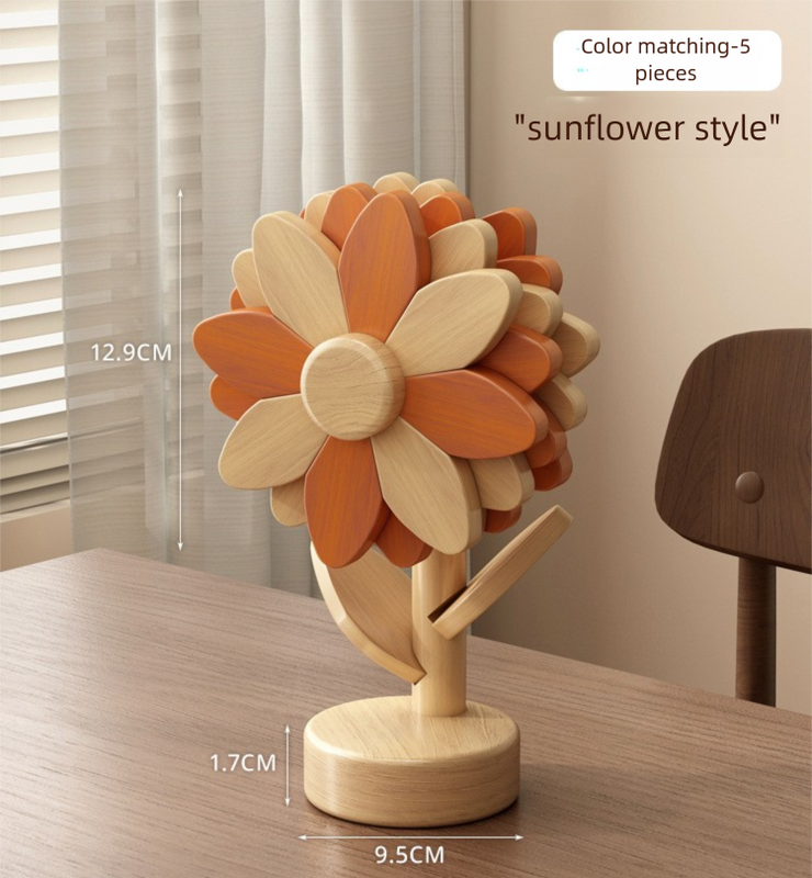 5-Piece Floral-Shaped Trivet Set with Stand – Wooden Heat Resistant Pad for Table, Dish, Pot or Cup(Warm orange and beech wood two-tone) - Image 1