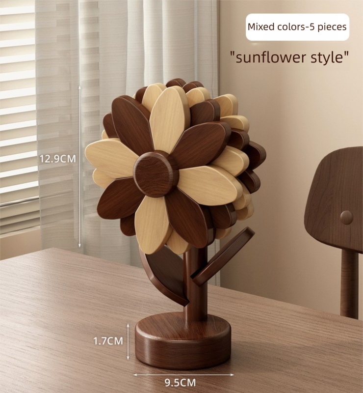 5-Piece Floral-Shaped Trivet Set with Stand – Wooden Heat Resistant Pad for Table, Dish, Pot or Cup(Walnut and beech two-tone) - Image 1