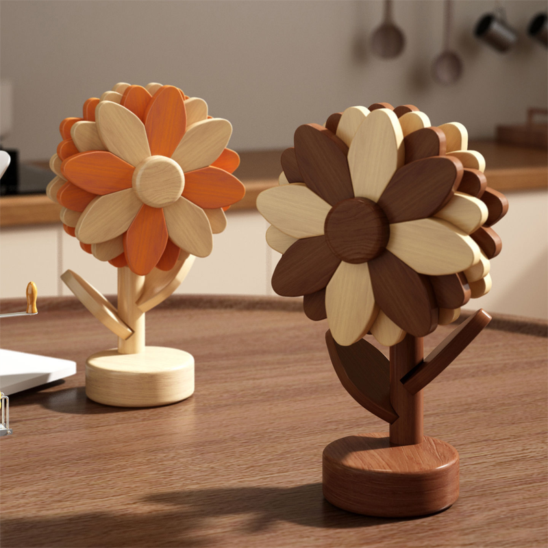5-Piece Floral-Shaped Trivet Set with Stand – Wooden Heat Resistant Pad for Table, Dish, Pot or Cup(Walnut and beech two-tone) - Image 3
