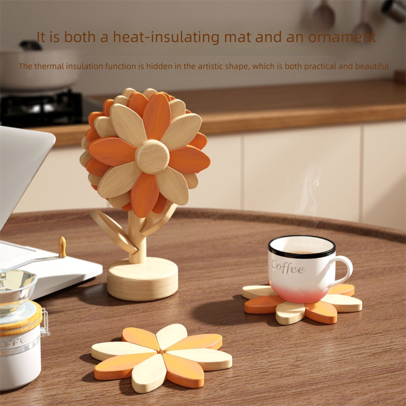 5-Piece Floral-Shaped Trivet Set with Stand – Wooden Heat Resistant Pad for Table, Dish, Pot or Cup(Walnut and beech two-tone) - Image 4