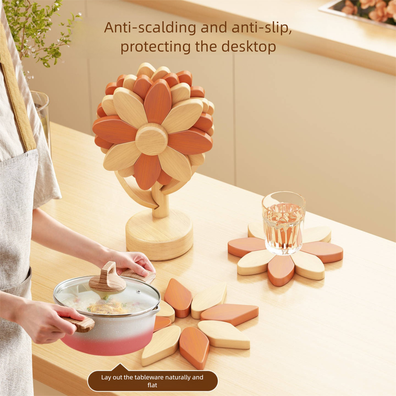5-Piece Floral-Shaped Trivet Set with Stand – Wooden Heat Resistant Pad for Table, Dish, Pot or Cup(Walnut and beech two-tone) - Image 5