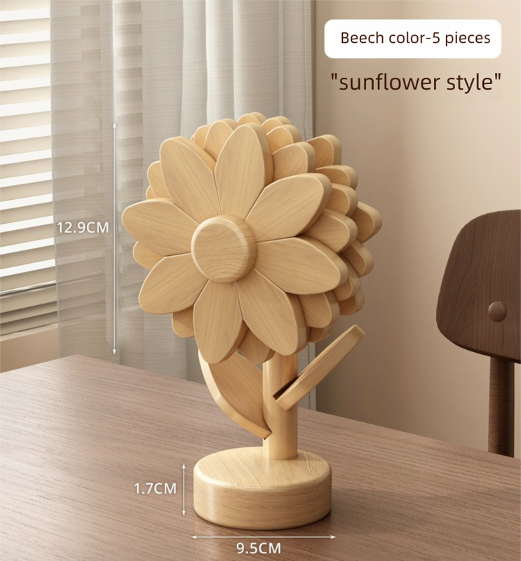5-Piece Floral-Shaped Trivet Set with Stand – Wooden Heat Resistant Pad for Table, Dish, Pot or Cup(Solid beech) - Image 1
