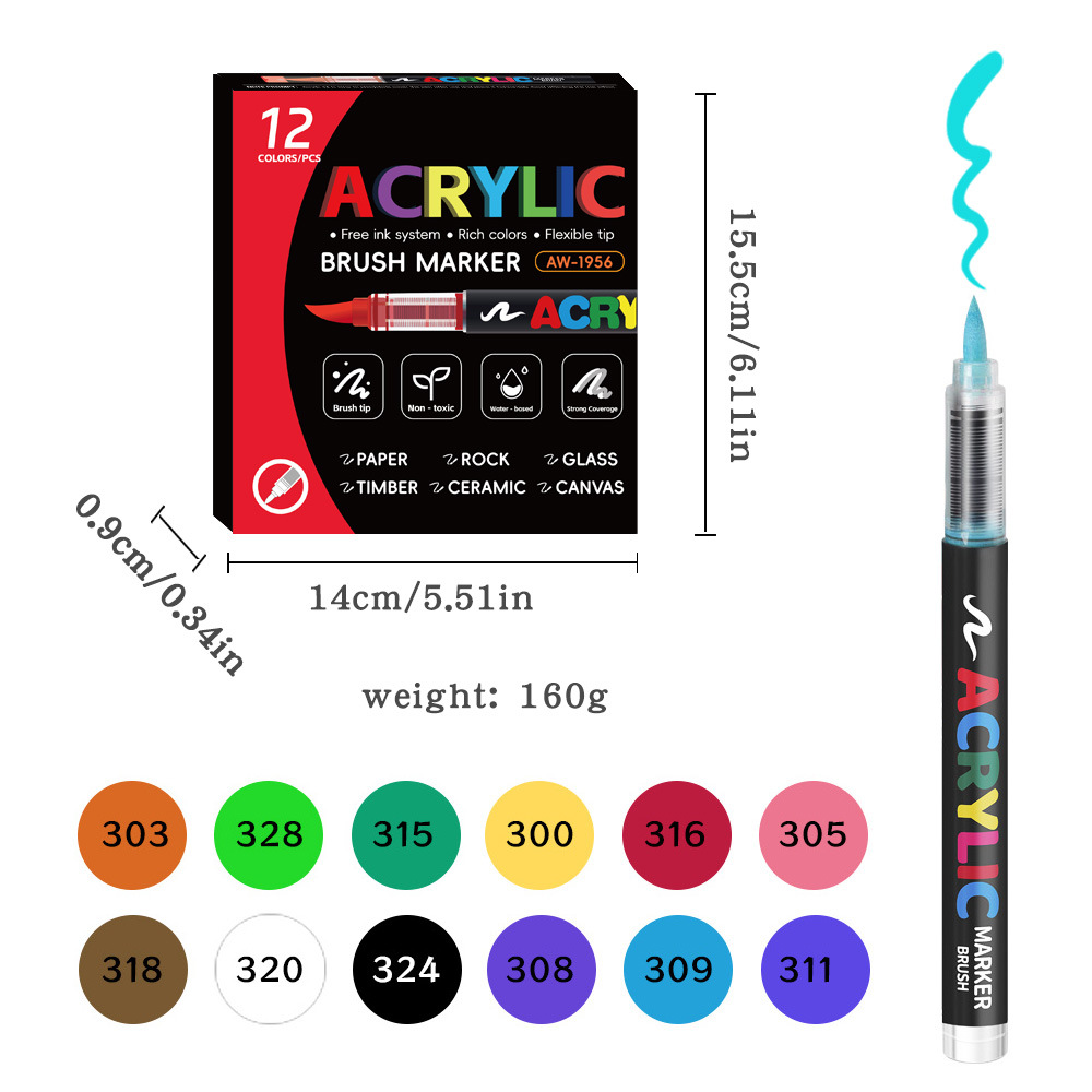 Acrylic Brush Marker – 12-Pack, Water-Based Ink, Flexible Tip, for Multi-Surface Art and Labeling - Image 1