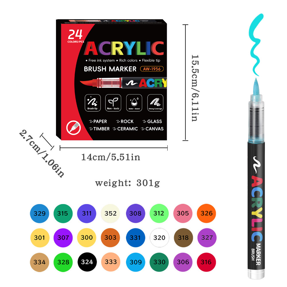 Acrylic Brush Marker – 24-Pack, Water-Based Ink, Flexible Tip, for Multi-Surface Art and Labeling - Image 1