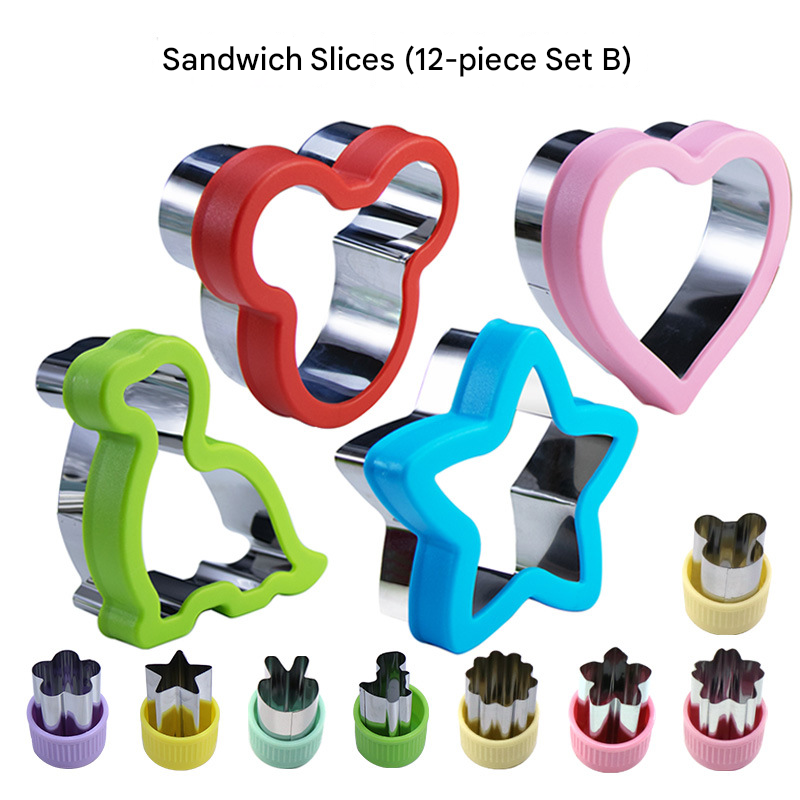 Stainless Steel Food Cutter Set – 12-Piece, Multi-Shape, with PP Press Cover for Sandwich, Cookie, Fruit and Vegetable Use(B) - Image 1