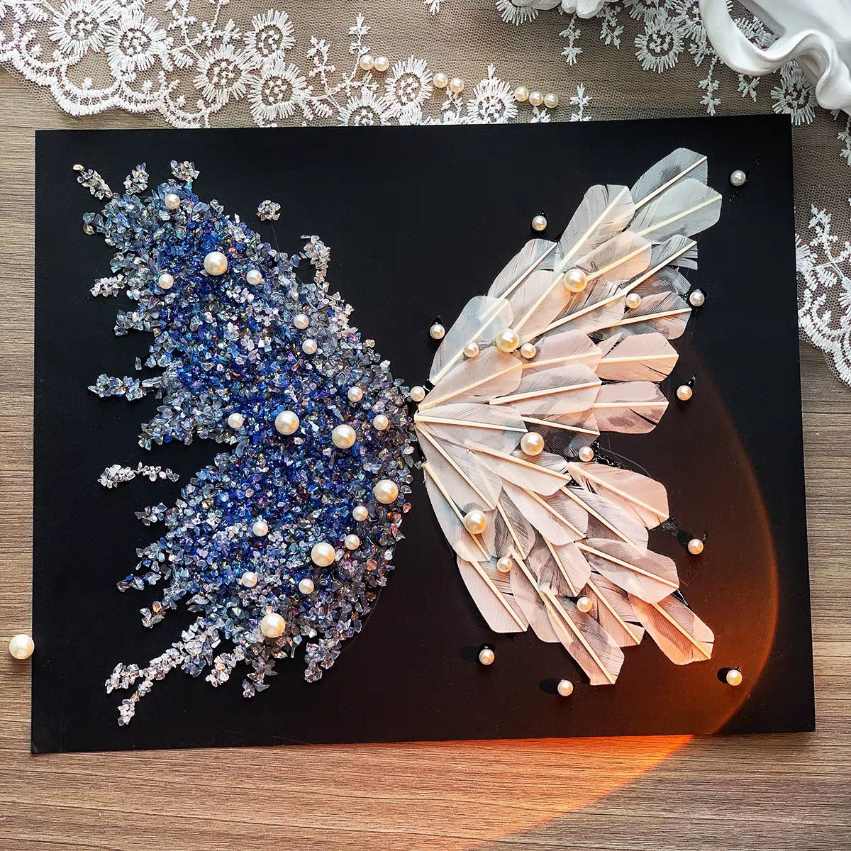 Crystal Feather Butterfly DIY Craft Kit – Handmade Art Material Set with Natural Feathers, Beads and Frame for Home Decoration or Gift Making - Image 1