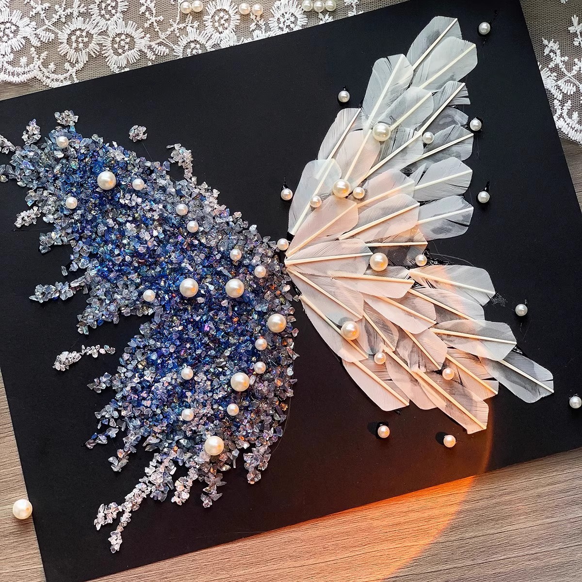 Crystal Feather Butterfly DIY Craft Kit – Handmade Art Material Set with Natural Feathers, Beads and Frame for Home Decoration or Gift Making - Image 2