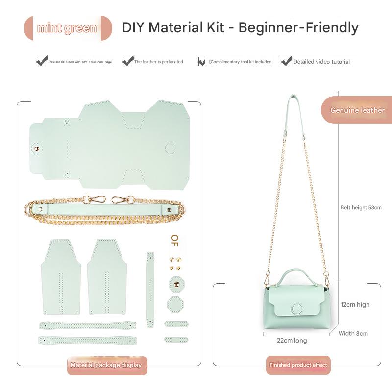 Mint green Leather Bag DIY Kit – Geometric Shoulder Bag Making Material Set with Pre-Punched Cowhide, Tools for Hand Stitching - Image 1