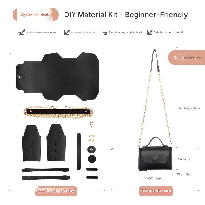 Black Leather Bag DIY Kit – Geometric Shoulder Bag Making Material Set with Pre-Punched Cowhide, Tools for Hand Stitching - Image 1