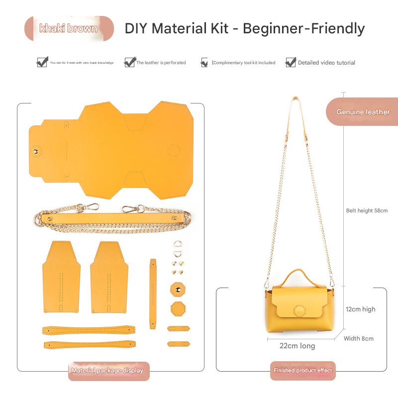 Khaki brown Leather Bag DIY Kit – Geometric Shoulder Bag Making Material Set with Pre-Punched Cowhide, Tools for Hand Stitching - Image 1