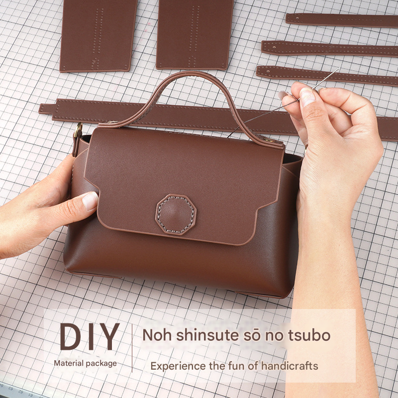 Khaki brown Leather Bag DIY Kit – Geometric Shoulder Bag Making Material Set with Pre-Punched Cowhide, Tools for Hand Stitching - Image 2