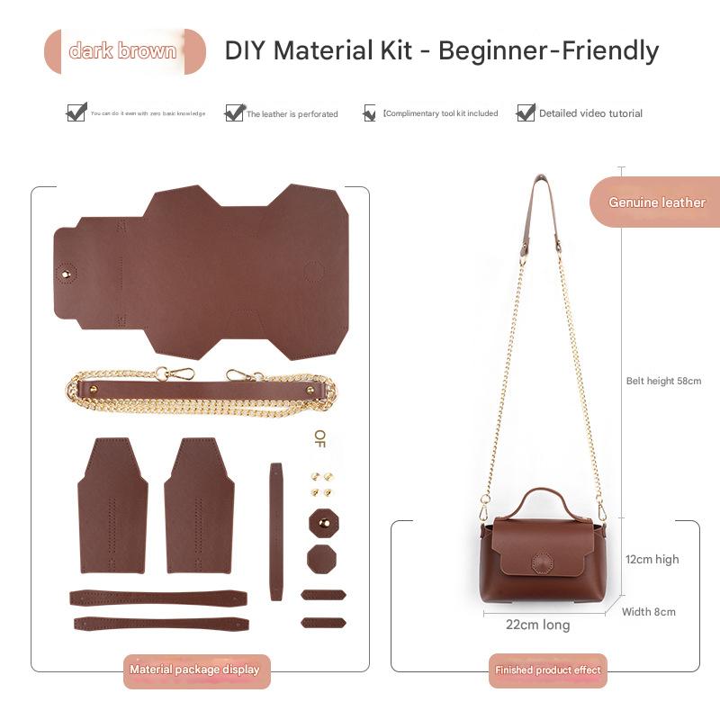 Dark brown Leather Bag DIY Kit – Geometric Shoulder Bag Making Material Set with Pre-Punched Cowhide, Tools for Hand Stitching - Image 1