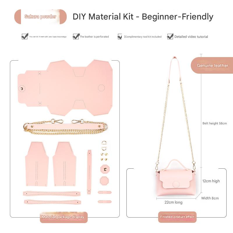 Pink Leather Bag DIY Kit – Geometric Shoulder Bag Making Material Set with Pre-Punched Cowhide, Tools for Hand Stitching - Image 1