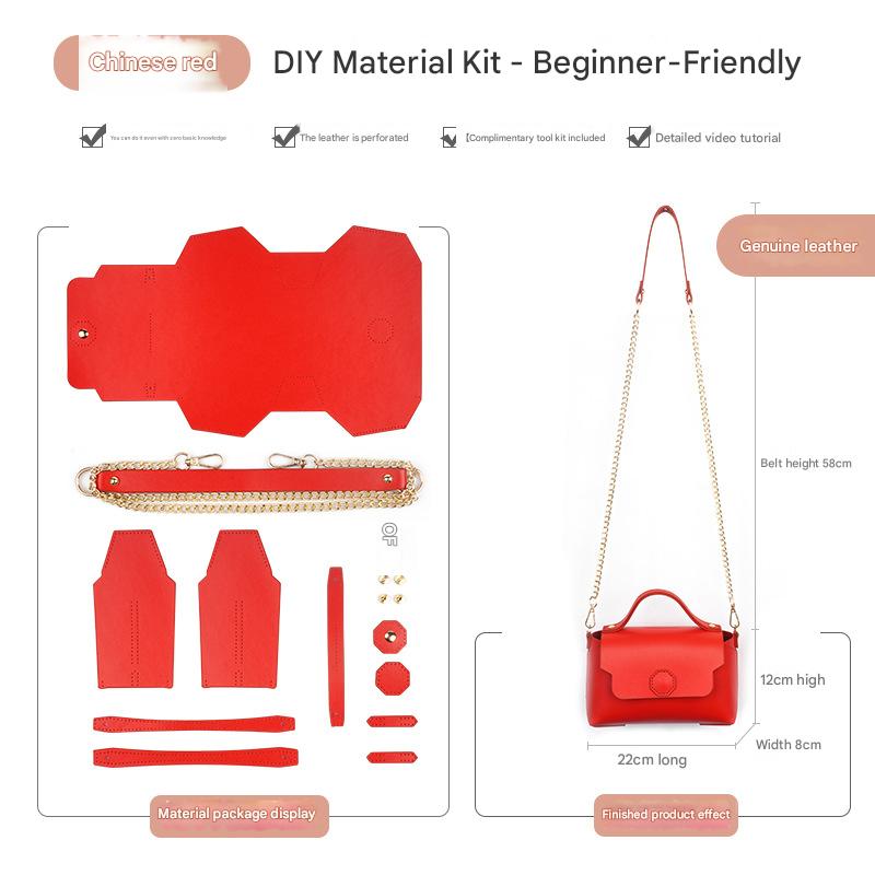 Red Leather Bag DIY Kit – Geometric Shoulder Bag Making Material Set with Pre-Punched Cowhide, Tools for Hand Stitching - Image 1