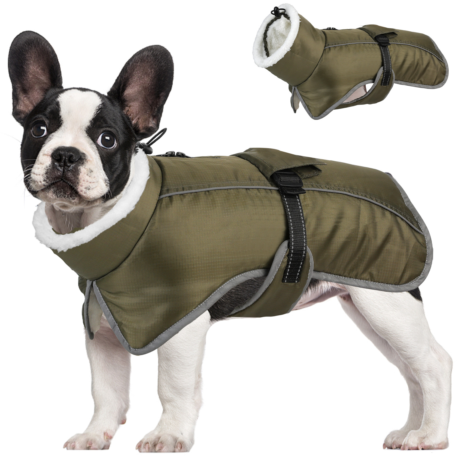 Green Dog Winter Jacket – Warm, Windproof & Waterproof Pet Coat with Fleece Lining and Reflective Strips for Cold Weather(Size: M) - Image 4