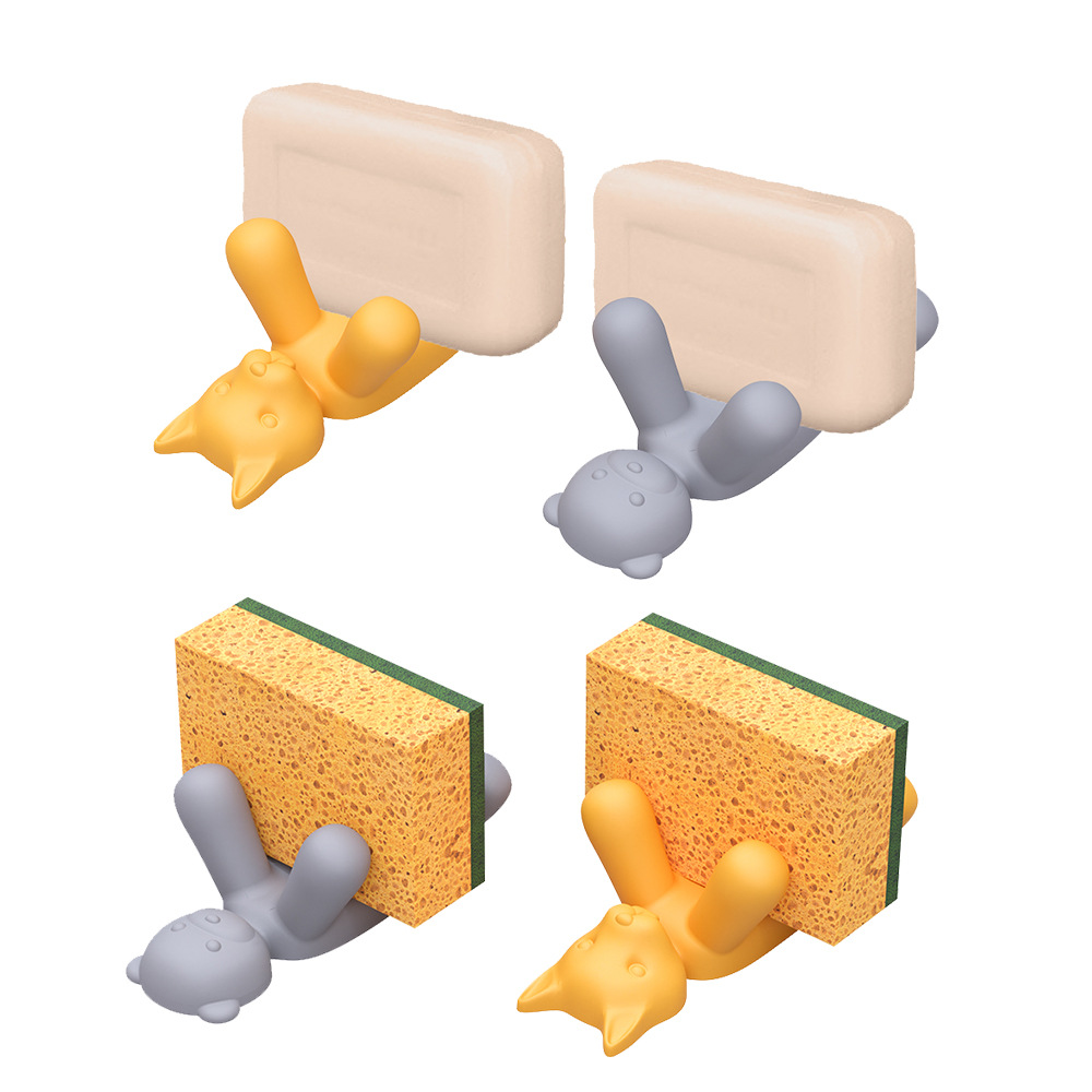 2-Pack Silicone Sponge Holder – Bear and Cat Shaped Dish Rack for Sink, Soap & Scrubber Storage - Image 2