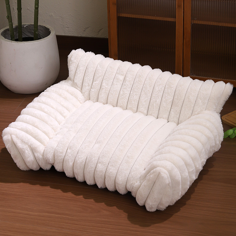 White  Plush Ribbed Pet Sofa Bed for Dogs and Cats - Thickened Milk Velvet Cushion, Large Comfy Dog Sofa(50*40*20cm) - Image 1