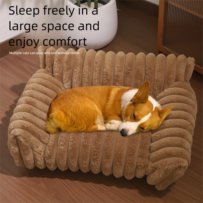 White  Plush Ribbed Pet Sofa Bed for Dogs and Cats - Thickened Milk Velvet Cushion, Large Comfy Dog Sofa(50*40*20cm) - Image 3