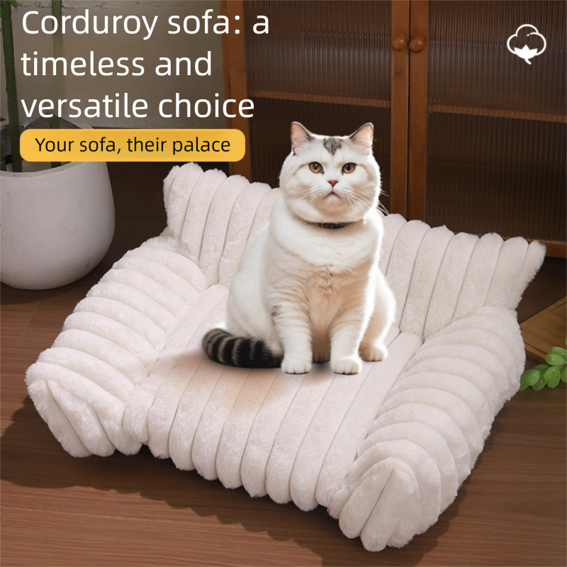 White  Plush Ribbed Pet Sofa Bed for Dogs and Cats - Thickened Milk Velvet Cushion, Large Comfy Dog Sofa(50*40*20cm) - Image 5