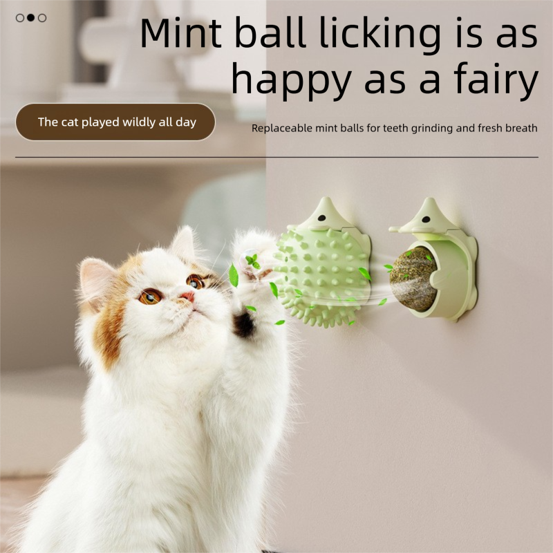 3-Pack Cat Hedgehog Lick Toys – Rotating Catnip Ball Scratcher with Adhesive Mount, ABS Self-Play Wall Toy in Green, Blue & Brown - Image 3